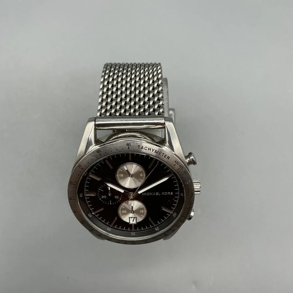 Michael Kors MK8838 Mens Watch 42mm Black Dial Silver Tone Chrono Date New Batt